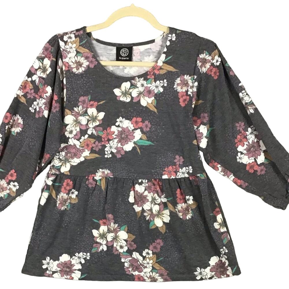 Bobeau Women’s Gray Pink Floral Babydoll Top 3/4 Sleeve Pullover Size XS NWOT